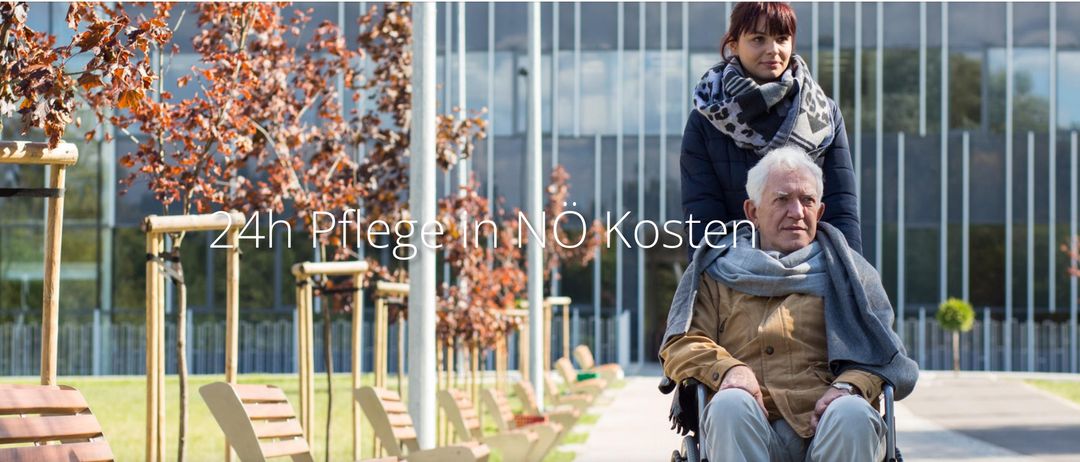 Ein Bild mit dem Text 'Pflege in NO Kosten'. Es zeigt eine Person im Rollstuhl mit einer älteren Person auf dem Schoß. Dahinter sind mehrere Stühle. Bäume und ein Gebäude mit Glasfenstern im Hintergrund.