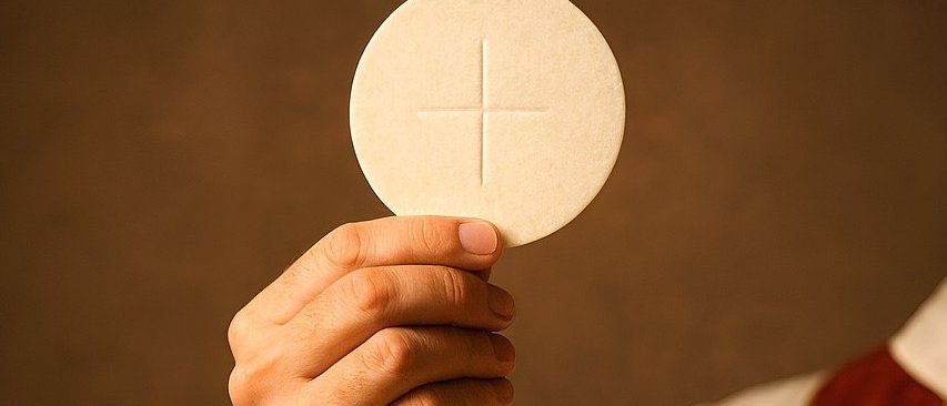 Ein Priester hält eine konsekrierte Hostie über einem goldenen Kelch, wahrscheinlich während einer religiösen Zeremonie.
