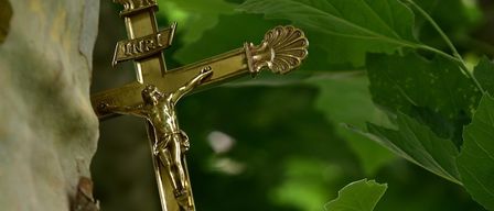 A golden crucifix is attached to a tree branch with a cross on it, surrounded by green leaves.