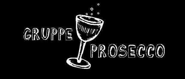 Ein schwarzer Hintergrund mit einer Zeichnung eines Weinglases mit Blasen und den Worten 'Gruppo Prosecco' in weiß.