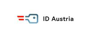 Das ID Austria Logo zeigt ein blaues und rotes Schlüsselsymbol mit einem Punkt in der Mitte, über dem Text 'ID Austria' platziert.