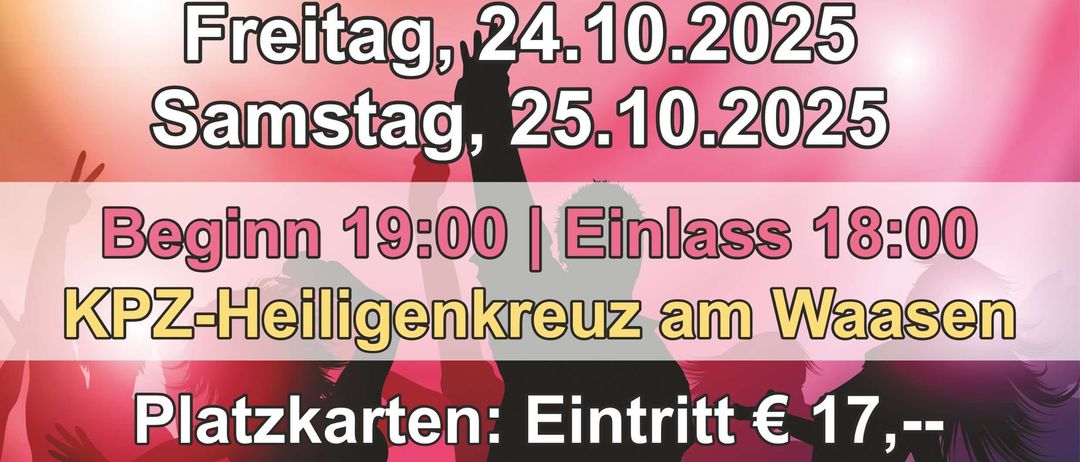 Ein Plakat für eine Musikveranstaltung mit dem Titel 'Gestern'. Es zeigt die Daten 24. und 25. Oktober 2025, mit Angaben zum Beginn und den Ticketpreisen. Der Veranstaltungsort ist KPZ-Heilgenkreuz am Waasen.