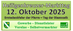 Plakat für den Heiligenkreuzer Markttag am 12. Oktober 2025. Zeigt einen Mann, der eine Trompete spielt, mit dem Text 'DALUIS Große Verlustung'. Die Veranstaltung umfasst Blasmusik und ein Blasmusikkonzert. Beginn um 8 Uhr.