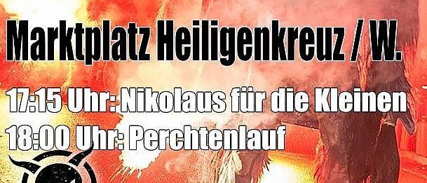 Plakat für das Steinglager Perchtlauf-Event. Datum: 22. November 2025. Ort: Marktplatz Heiligenkreuz/W. Zeitplan: 17:15 Uhr Nikolaus für die Kleinen, 18:00 Uhr Perchtlauf. Enthält eine Illustration eines gehörnten Wesens.