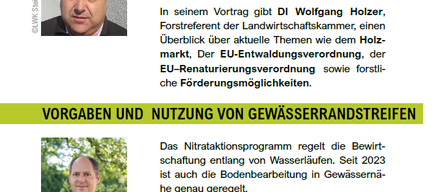 The forestry event includes lectures by DI Wolfgang Holzer and Ing. Stefan Neubauer on topics like forest management, EU regulations, and water buffer strips. It concludes with a forest tour with experts.