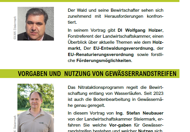 Die Veranstaltung umfasst Vorträge von DI Wolfgang Holzer und Ing. Stefan Neubauer zu Themen wie Waldmanagement, EU-Vorschriften und Gewässerrandstreifen. Sie endet mit einer Waldbesichtigung mit Experten.
