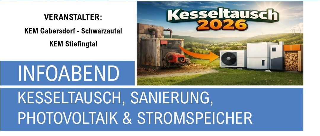 Plakat für Kesseltausch 2026 Veranstaltung. Details umfassen Ort, Datum und Programm. Redner behandeln Themen wie Kesselaustausch, Sanierung, Photovoltaik und Energiespeicherung. Die Veranstaltung wird von KEM Gabersdorf-Schwarzautal ausgerichtet.