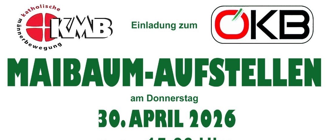 Maibaum-Aufstellen am Donnerstag, 30. April 2026, um 15:00 Uhr in Heiligenkreuz/W. am Marktplatz. Getränke und Speisen sind vorhanden. Das Dürnberg-Trio sorgt für musikalische Unterhaltung. Der Österreichische Kameradschaftsbund (ÖKB) und die Katholische Männerbewegung (KMB) freuen sich auf zahlreiche Besucher. Der Reinerlös wird für die Renovierung des Kirchturms verwendet. Der Maibaum wurde von der Familie Echter (Lippizanerfranzl) gespendet.