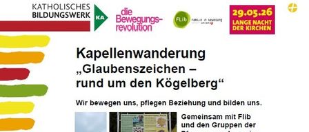 The poster advertises a chapel walk around the Kogelberg with music, drinks, and food. It includes chapels, starting and ending at the info table at Kogelberg.