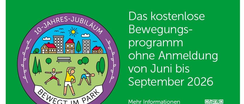 Poster für Fitnessaktivitäten in Heiligenkreuz. Flow Yoga und Pilates Kurse vom 22.06. bis 07.09.2026. Details auf www.bewegt-im-park.at. Teilnahme freiwillig.
