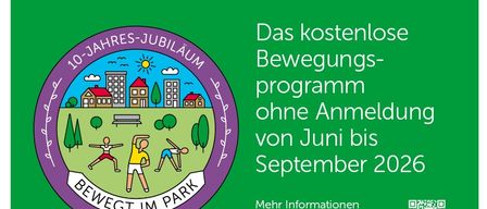 Poster für Fitnessaktivitäten in Heiligenkreuz. Flow Yoga und Pilates Kurse vom 22.06. bis 07.09.2026. Details auf www.bewegt-im-park.at. Teilnahme freiwillig.