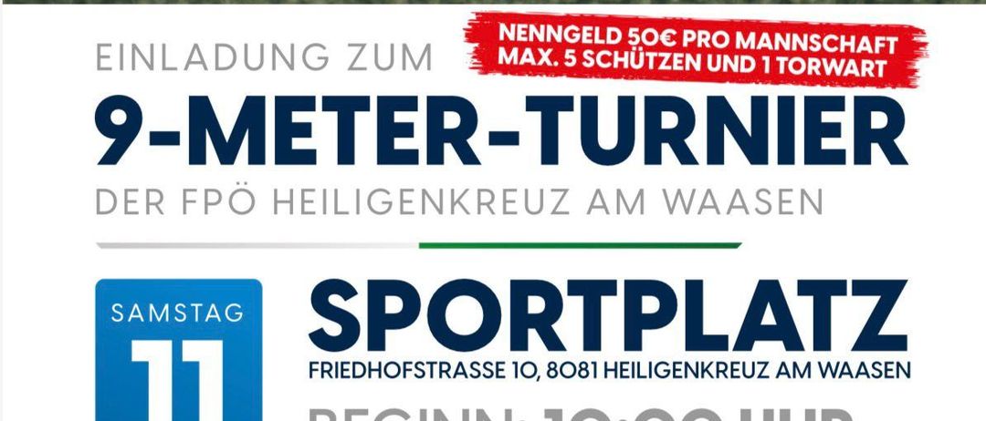 Ein Fußball liegt auf einem Rasenfeld mit einem Tor im Hintergrund. Eine Anzeige für ein 9-Meter-Turner-Event wird angezeigt, geplant für den 11. Juli. Die Veranstaltung beginnt um 10:00 Uhr mit verschiedenen Preisen für verschiedene Teams.