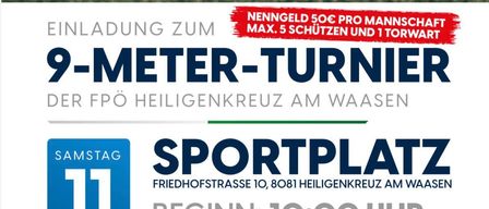 Ein Fußball liegt auf einem Rasenfeld mit einem Tor im Hintergrund. Eine Anzeige für ein 9-Meter-Turner-Event wird angezeigt, geplant für den 11. Juli. Die Veranstaltung beginnt um 10:00 Uhr mit verschiedenen Preisen für verschiedene Teams.