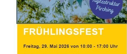Plakat für ein Frühlingsfest in Pirching, mit einem Baum, Fahnen und einem gelben Hintergrund. Das Event beinhaltet einen Kreativmarkt, eine Glücksverlosung und einen Spielplatz. Geplant für den 29. Mai 2026, von 10:00 bis 17:00 Uhr. Ort: Guggitzgrben 112, 8081 Pirching am Traunenberg.