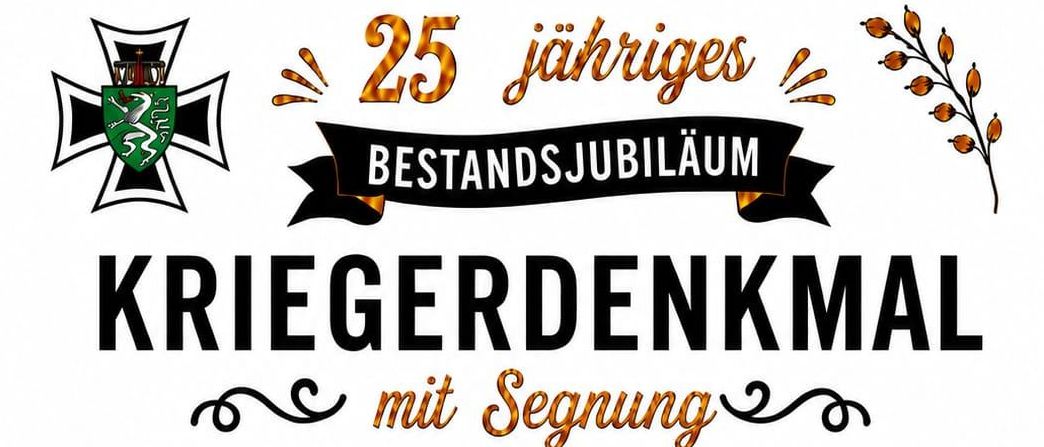 Werbeplakat für Kriegerdenkmal-Ereignis am 26. Juli 2026. Zeigt ein Kriegerdenkmal, eine Kirche und Speisen. Beinhaltet eine interne Segnung und Frühstück für alle.