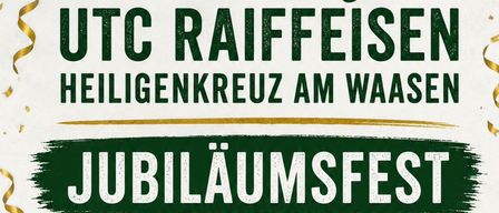 Poster for the 50th anniversary of utc raiffeissen Heiligenkreuz am Waasen. Event on August 8, 2026, starting at 15:00 at Tennisplatz Heiligenkreuz am Waasen. Includes live music, food by Das Köschler, and a children's playground.