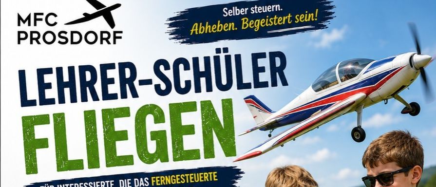 Plakat für ein Modellflugzeug-Flugevent am 6. September mit zwei Jungen, Modellflugzeugen, einem kleinen Wettbewerb und einem Showprogramm. Die Veranstaltung ist kostenlos.