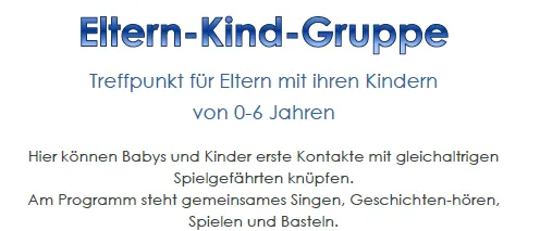 Ein Flyer für eine Eltern-Kind-Gruppe in Heiligenkreuz, die einen kostenlosen Treffpunkt für Eltern mit Kindern im Alter von 0-6 Jahren anbietet. Aktivitäten umfassen Singen, Geschichtenhören, Spielen und Basteln. Der Flyer enthält Kontaktinformationen und Termine für die Herbst-2026-Sitzungen.