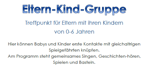 Ein Flyer für eine Eltern-Kind-Gruppe in Heiligenkreuz, die einen kostenlosen Treffpunkt für Eltern mit Kindern im Alter von 0-6 Jahren anbietet. Aktivitäten umfassen Singen, Geschichtenhören, Spielen und Basteln. Der Flyer enthält Kontaktinformationen und Termine für die Herbst-2026-Sitzungen.