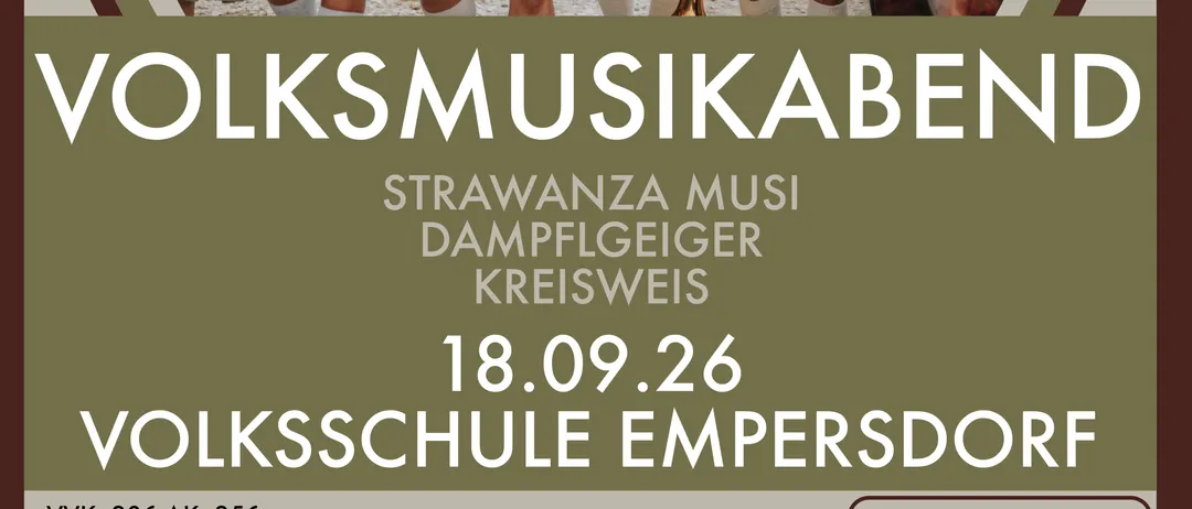 Plakat für einen Volksmusikabend mit einer Band von Musikern in traditioneller Kleidung, die Instrumente wie Akkordeon, Trompete und Cello halten, mit Bergen im Hintergrund.