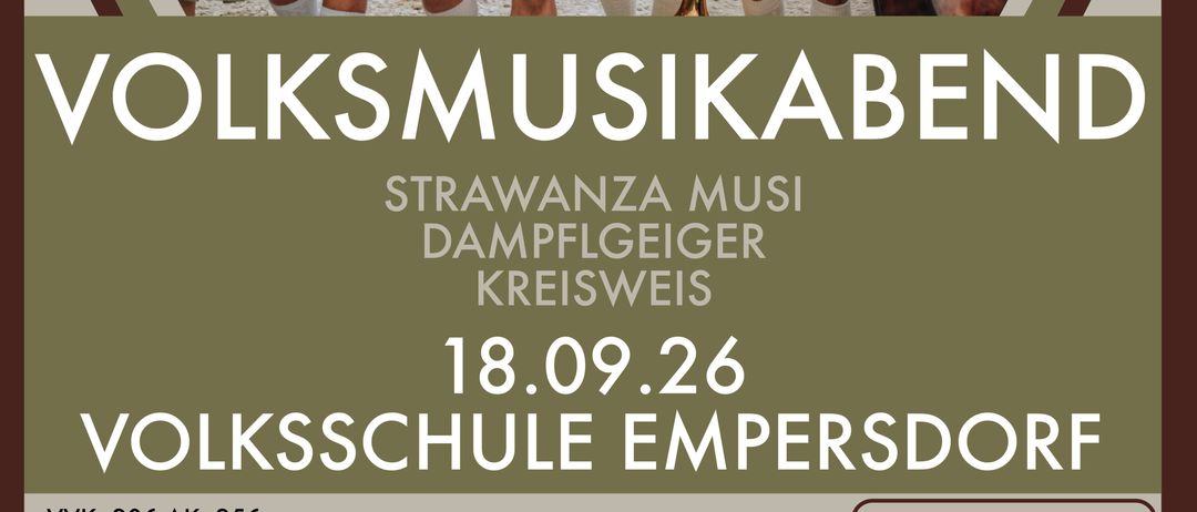Plakat für einen Volksmusikabend mit einer Band von Musikern in traditioneller Kleidung, die Instrumente wie Akkordeon, Trompete und Cello halten, mit Bergen im Hintergrund.