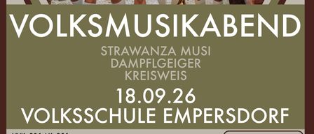 Plakat für einen Volksmusikabend mit einer Band von Musikern in traditioneller Kleidung, die Instrumente wie Akkordeon, Trompete und Cello halten, mit Bergen im Hintergrund.