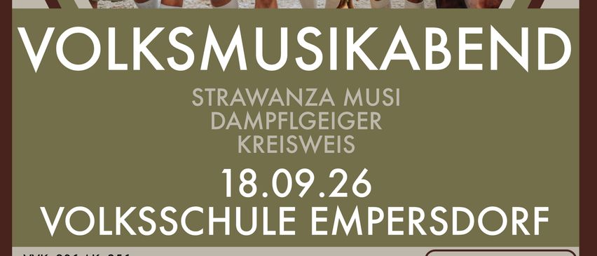 Plakat für einen Volksmusikabend mit einer Band von Musikern in traditioneller Kleidung, die Instrumente wie Akkordeon, Trompete und Cello halten, mit Bergen im Hintergrund.