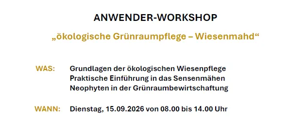 Ein Bild einer Workshop-Ankündigung für ökologische Wiesenpflege, mit Details zu Datum, Uhrzeit, Ort und Kursleiter. Es enthält eine Liste der erforderlichen Ausrüstung und bereitgestellten Erfrischungen. Der Workshop ist Teil eines LEADER-Projekts, das von verschiedenen Organisationen unterstützt wird.