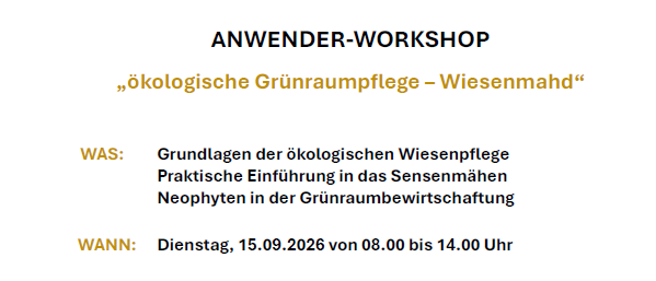 Ein Bild einer Workshop-Ankündigung für ökologische Wiesenpflege, mit Details zu Datum, Uhrzeit, Ort und Kursleiter. Es enthält eine Liste der erforderlichen Ausrüstung und bereitgestellten Erfrischungen. Der Workshop ist Teil eines LEADER-Projekts, das von verschiedenen Organisationen unterstützt wird.