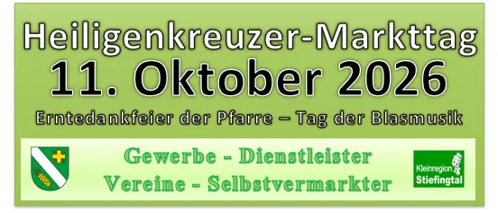 Plakat für den Heiligenkreuzer Markttag am 11. Oktober 2026 mit musikalischem Programm, einer Verlosung mit einem Hauptpreis von 700 € und Aktivitäten für Kinder.