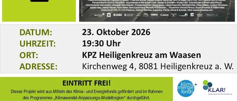 Plakat für einen Film mit dem Titel 'Requiem in Weiß'. Das Plakat zeigt ein großes Bild eines Gletschers mit einem Sarg auf einem Schlitten im Vordergrund. Der Text enthält den Titel, den Namen des Regisseurs, Datum und Ort der Vorführung.
