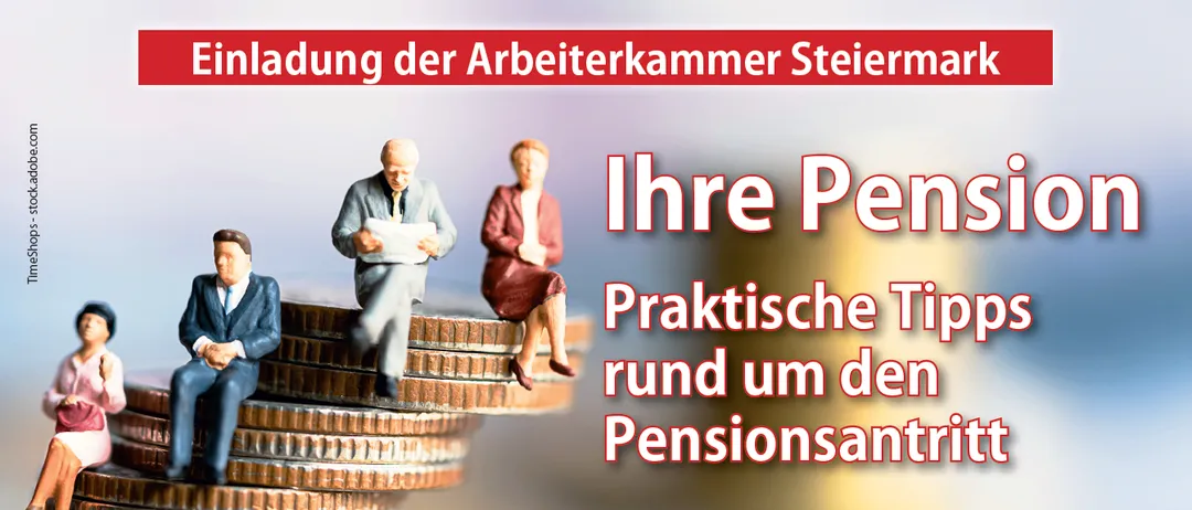 Ein Poster mit einer Miniaturszene von Menschen, die auf einem Stapel Münzen sitzen, mit Text über ein Rentenseminar.