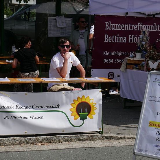 Eine Gruppe von Menschen sitzt draußen an einem Tisch, mit einem Sonnenblumenbanner vor ihnen. Ein Mann trägt eine Sonnenbrille und hat seine Hand am Kinn. Dahinter steht ein Banner mit den Worten Blumentreffpunkt Bettina Hö.