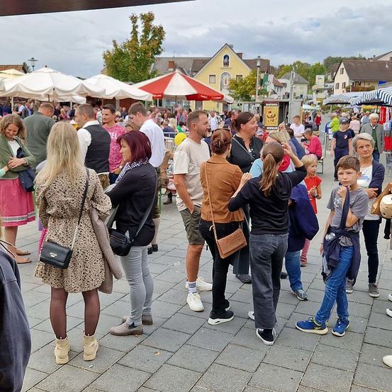 Eine Menschenmenge auf einem geschäftigen Freiluftmarkt mit Ständen und Sonnenschirmen, einige stehen und andere unterhalten sich. Im Hintergrund befinden sich Gebäude und Bäume.