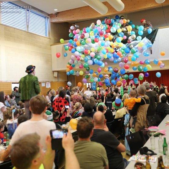 Eine Menschenmenge in einem Raum voller Luftballons, einige halten Telefone, um den Moment festzuhalten. Ein Mann steht auf einem Tisch und trägt eine grüne Jacke und einen Hut.