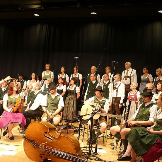 Eine Gruppe von Musikern, sowohl Männer als auch Frauen, tritt auf der Bühne auf. Sie sind in traditioneller Kleidung gekleidet und spielen verschiedene Instrumente wie Violinen, Gitarren und einen Cello.