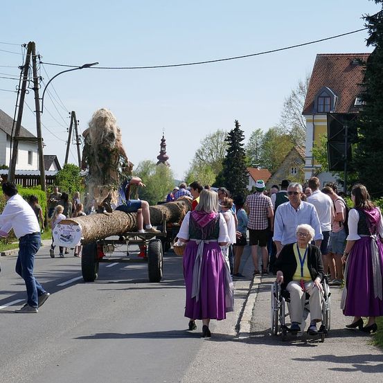 Menschen gehen neben einer Straße, eine große Person in einem Pelzkostüm sitzt auf einem Baumstamm. Einige Leute tragen traditionelle Kostüme. Ein Rollstuhlfahrer ist in der Nähe.