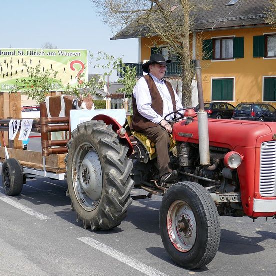 Ein Mann fährt einen roten Traktor mit einem Anhänger, auf dem zwei Schafe stehen, auf einer Straße mit einem gelben Haus im Hintergrund.