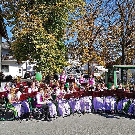 Eine Gruppe Musiker in traditioneller Kleidung spielt Instrumente im Freien, umgeben von Bäumen und einem Bushalteplatz im Hintergrund.
