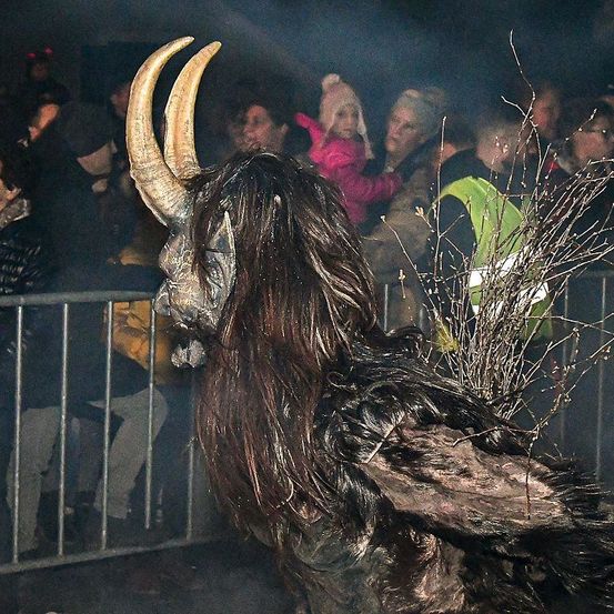 Eine große Kreatur mit Hörnern und struppigem Haar steht vor einer Menschenmenge, darunter ein Mädchen in Pink, hinter einem Metallzaun.