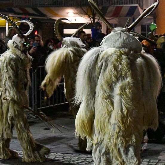 Drei kostümierte Personen mit HORNMASKEN und pelzigen Kostümen gehen an einer Menge, einer Metallbarriere und einer Straßenlaterne vorbei.