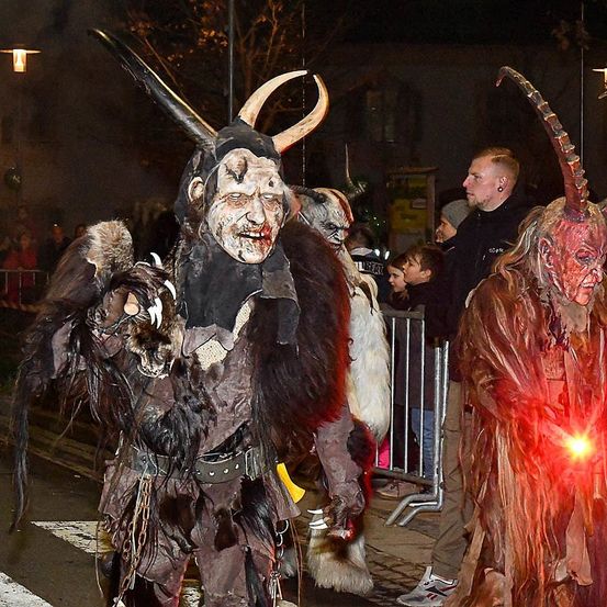In der Nacht ziehen Personen in aufwendigen Hörnerkostümen auf einer Straße. Zuschauer beobachten von hinter einem Metallzaun. Eine Person in einer schwarzen Jacke steht in der Nähe.