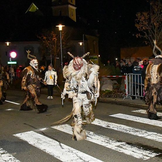 In der Nacht laufen mehrere Menschen in Tierkostümen über die Straße, während andere vom Bürgersteig aus zusehen. Eine Straßenlaterne ist links zu sehen.