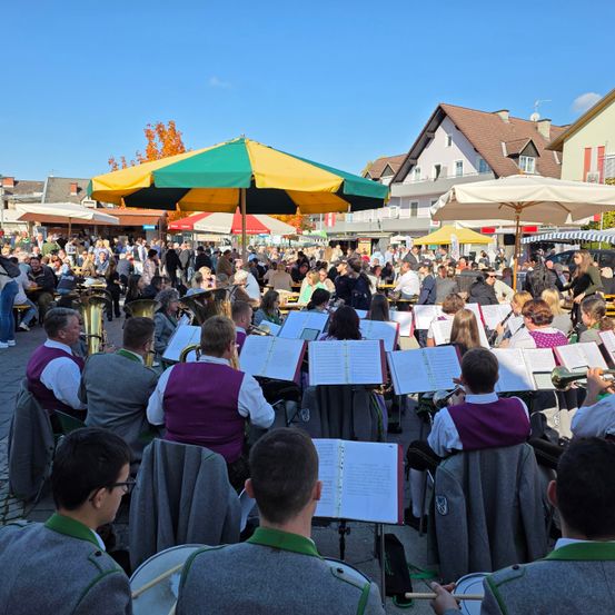 Eine Band spielt im Freien an einem überfüllten Ort, das Publikum sitzt um sie herum. Schirme spenden Schatten, und einige Leute stehen hinter der Band. Der Himmel ist klar.