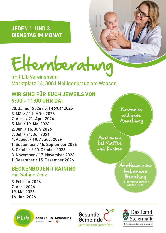 Plakat für Elternberatung in Heiligenkreuz am Waasen. Termine und Zeiten aufgelistet. Kostenlos und ohne Anmeldung. Bietet auch Stillberatung mit Sabine Zenz an.