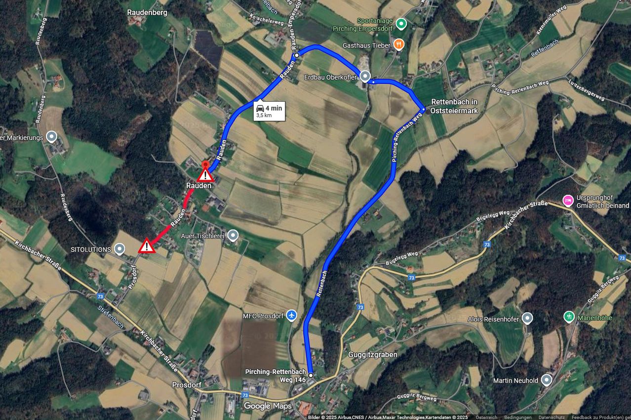 Eine Karte zeigt eine Route von Raudenberg nach Rettenbach, vorbei an Rauden, mit einer Fahrtzeit von 4 Minuten und einer Entfernung von 3,5 km.