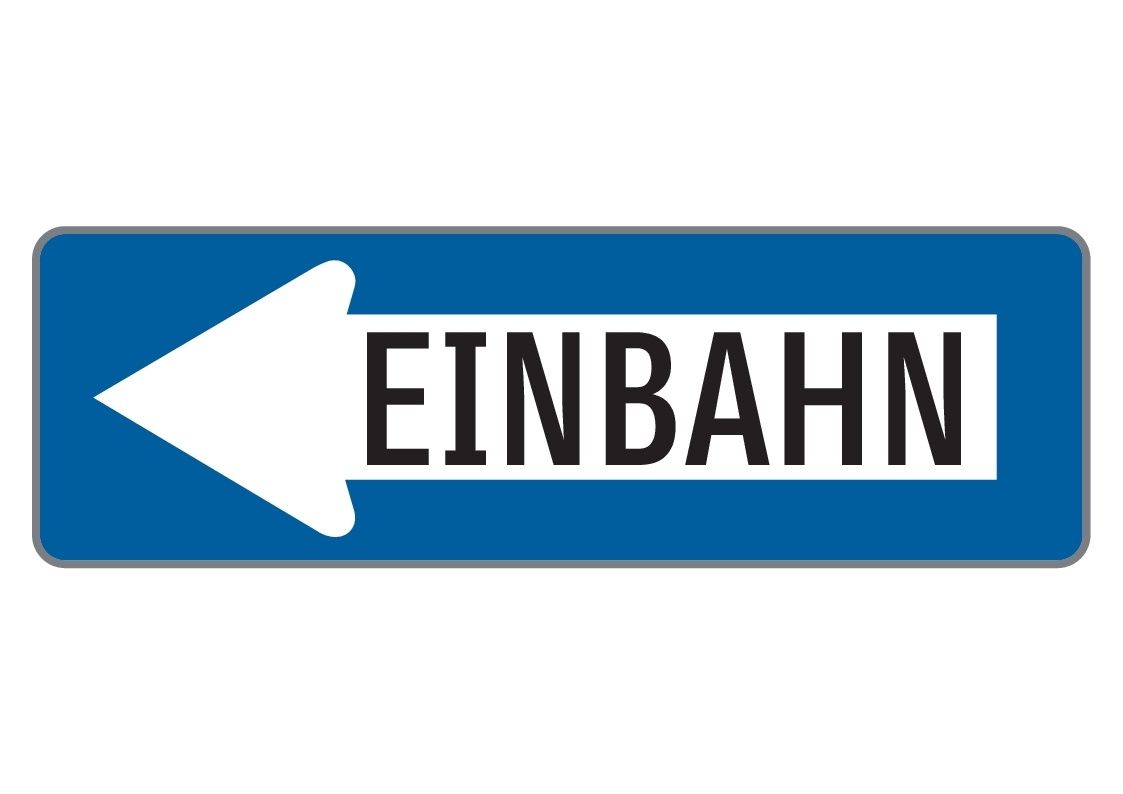 A blue and white road sign with the word 'EINBAHN' in black letters and a white arrow pointing to the left.