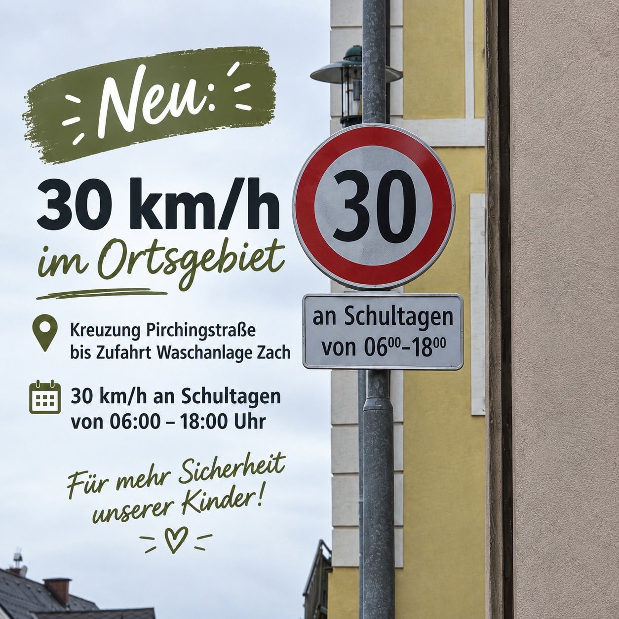 A signboard with a speed limit of 30 km/h is posted on a pole near a building. The sign is green and white with a red circle and the number 30 inside. The sign is placed on a pole with a lamp. The sign is placed on a yellow wall. The sign is placed on a pole with a lamp.