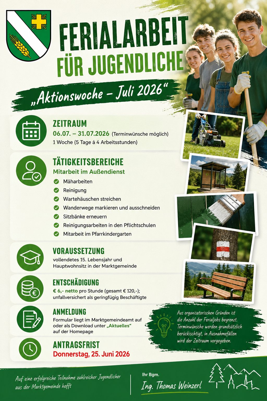 Plakat zur Werbewoche für Jugendliche im Juli 2026. Aktivitäten umfassen Außenarbeit, Instandhaltung, Reinigung, Anstrich, Markierung von Wegen und Renovierung in Schulen. Benötigt abgeschlossenes 15. Lebensjahr und Wohnsitz in der Gemeinde. Vergütung beträgt 6,00 € netto pro Stunde. Anmeldeformular ist auf der Gemeinde-Website verfügbar.