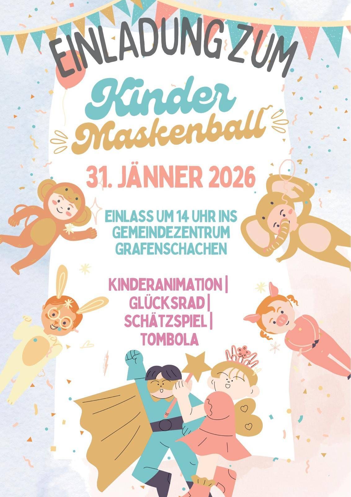 Ein Plakat für Kinder Maskenball am 31. Januar 2026. Es zeigt Kinder in Kostümen, ein Datum und verschiedene Aktivitäten.